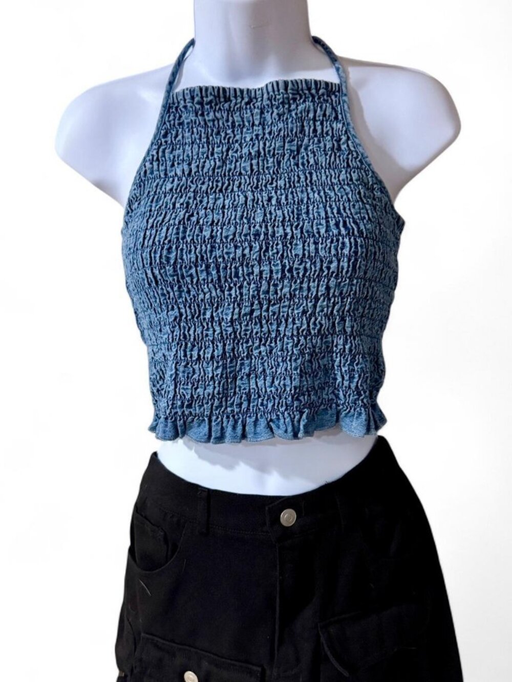 American Eagle Blue Denim Halter Crop Top